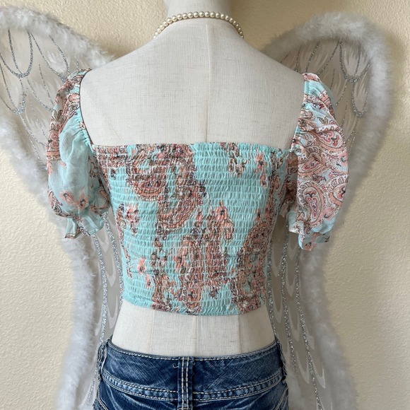 Romantic Floral Corset Top Ruched Puff Sleeve Paisley M Doll Cute Pastel Retro - Picture 6 of 9